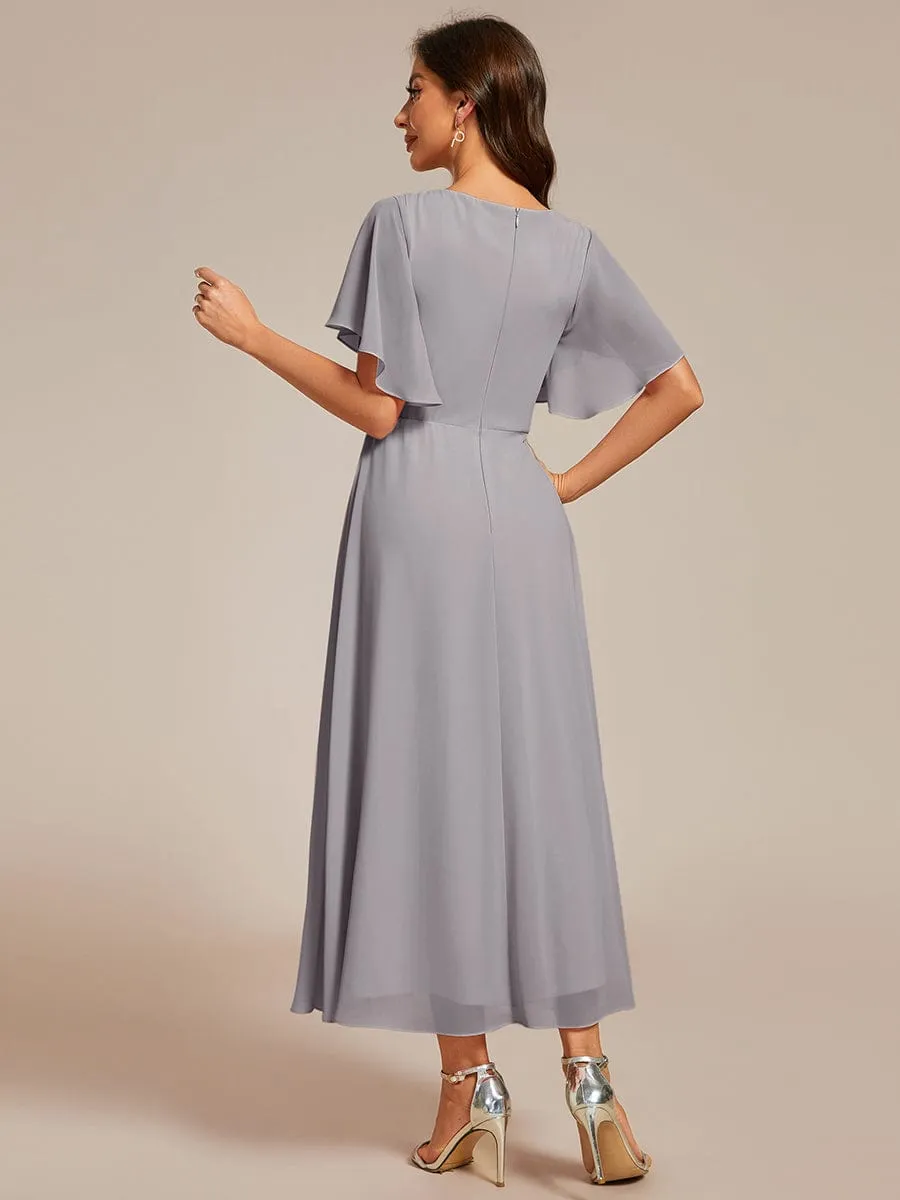 Floral Applique Short Sleeve V-Neck Chiffon Bridesmaid Dress
