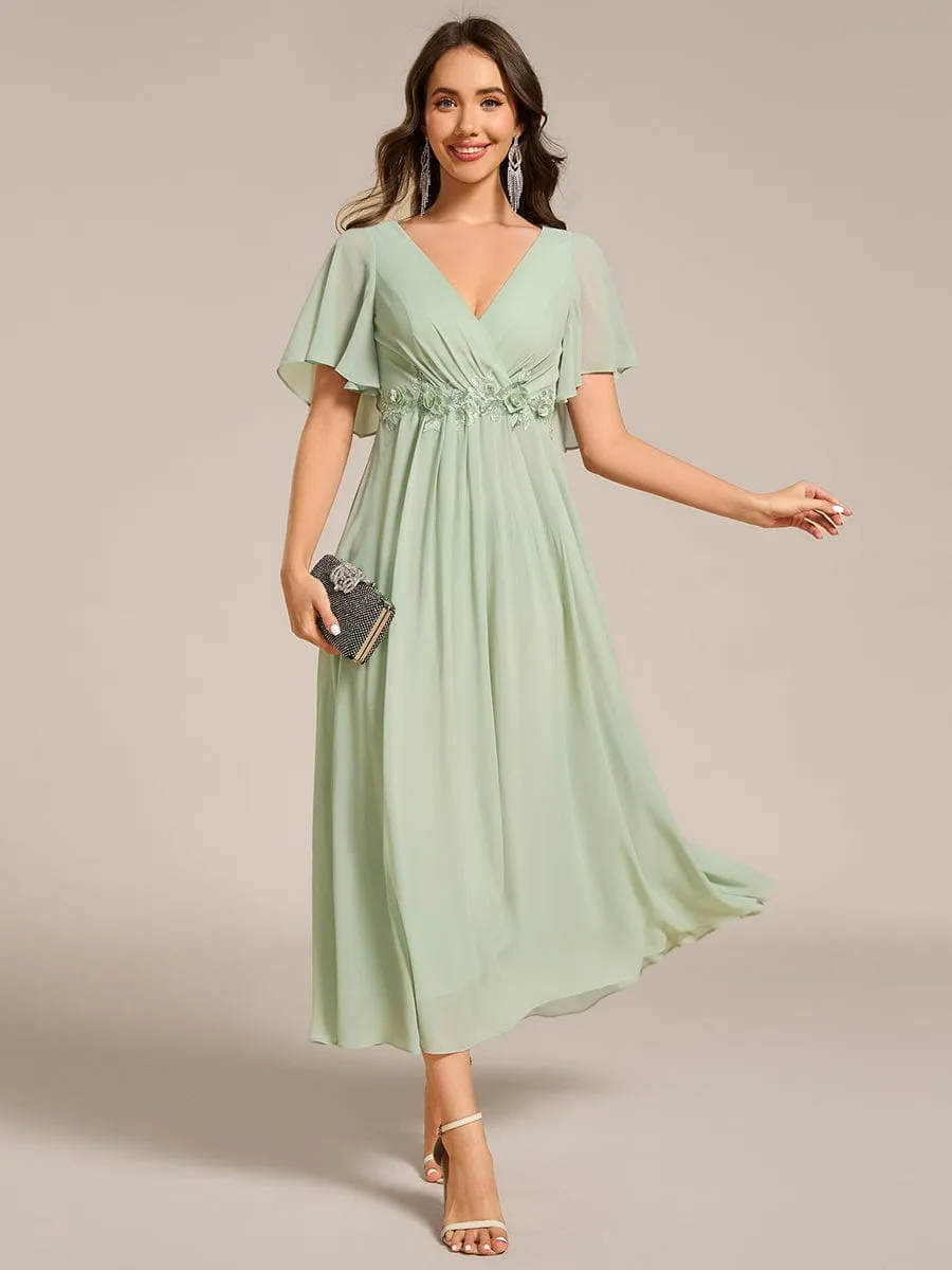 Floral Applique Short Sleeve V-Neck Chiffon Bridesmaid Dress