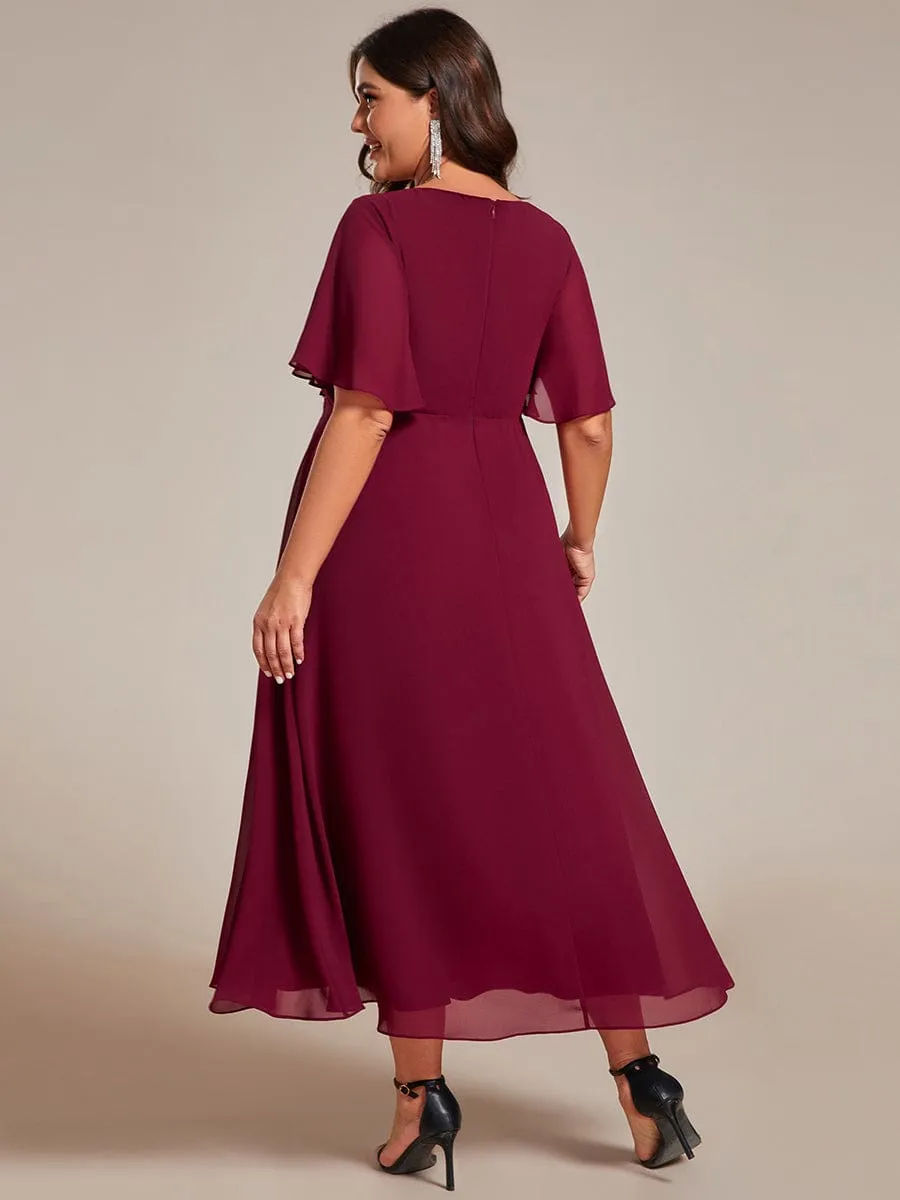 Floral Applique Short Sleeve V-Neck Chiffon Bridesmaid Dress