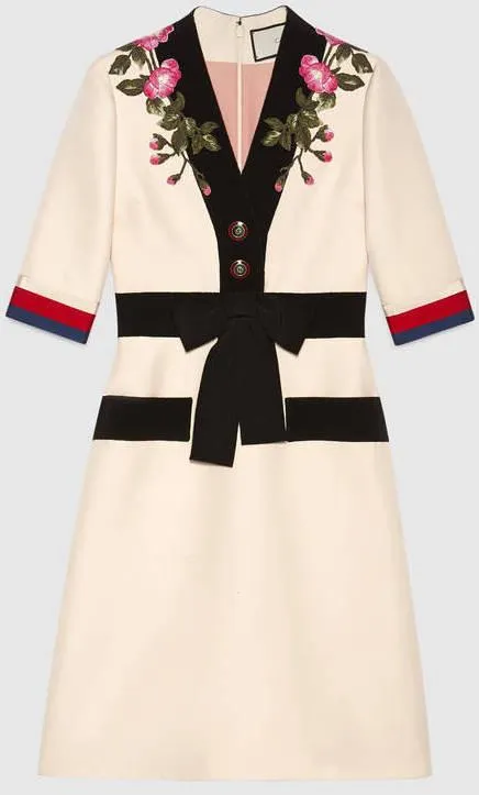 Floral-Embroidered Web-Trim Dress