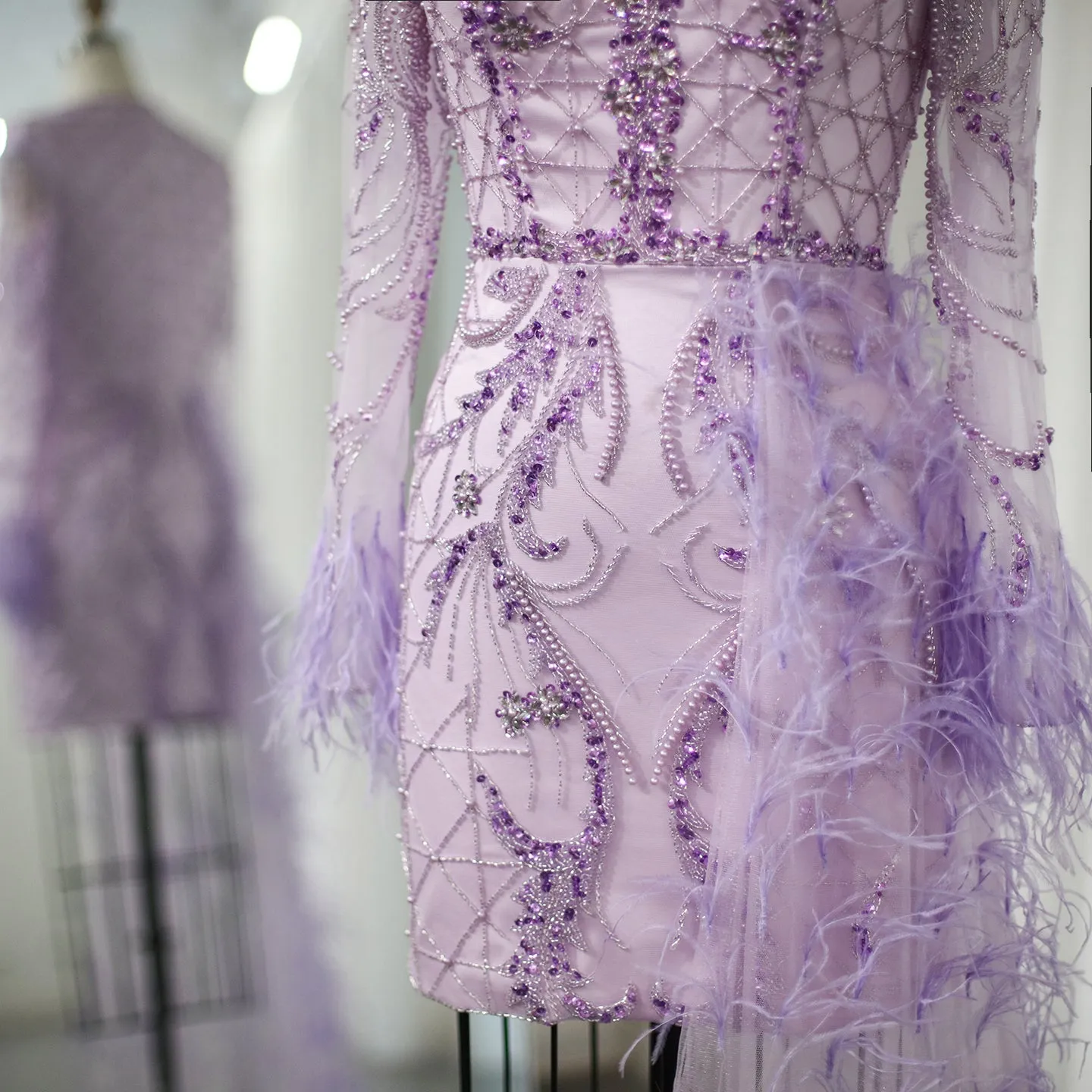 For Sale Lilac Short Evening Dresses with Feathers OverSkirt SS355