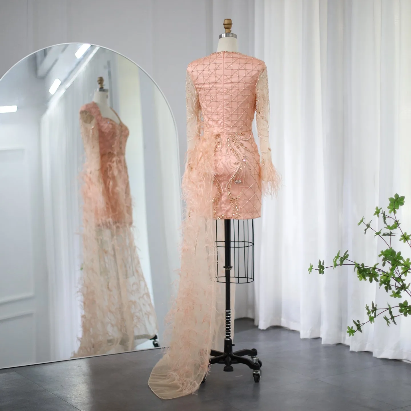 For Sale Lilac Short Evening Dresses with Feathers OverSkirt SS355