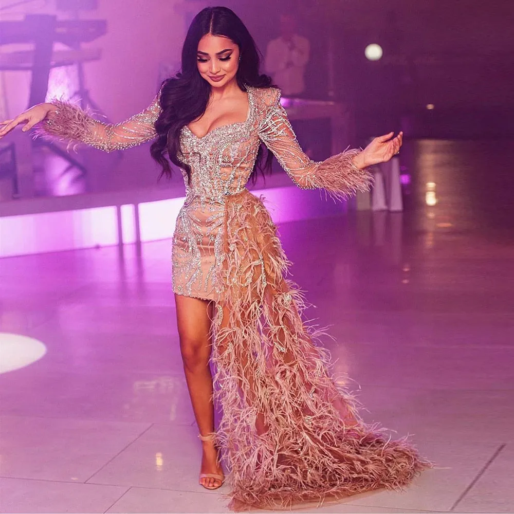 For Sale Lilac Short Evening Dresses with Feathers OverSkirt SS355