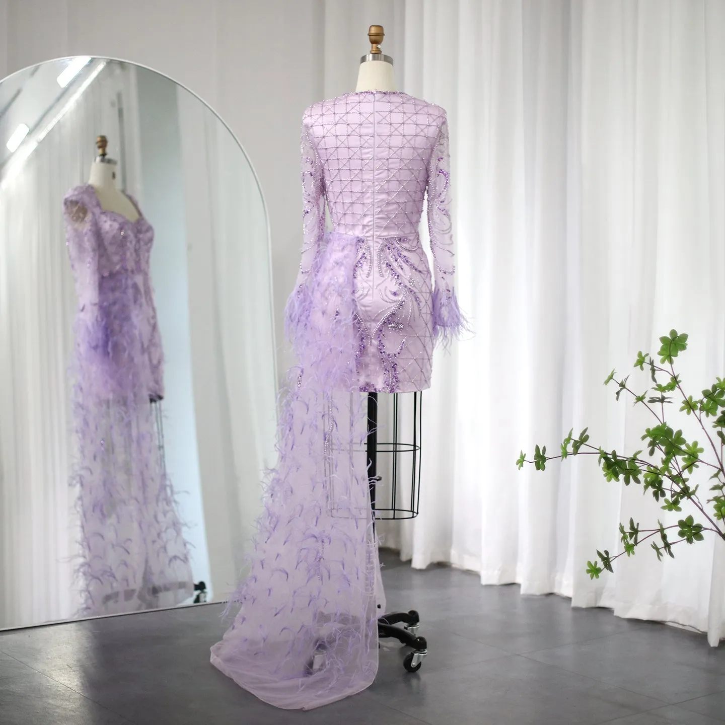 For Sale Lilac Short Evening Dresses with Feathers OverSkirt SS355