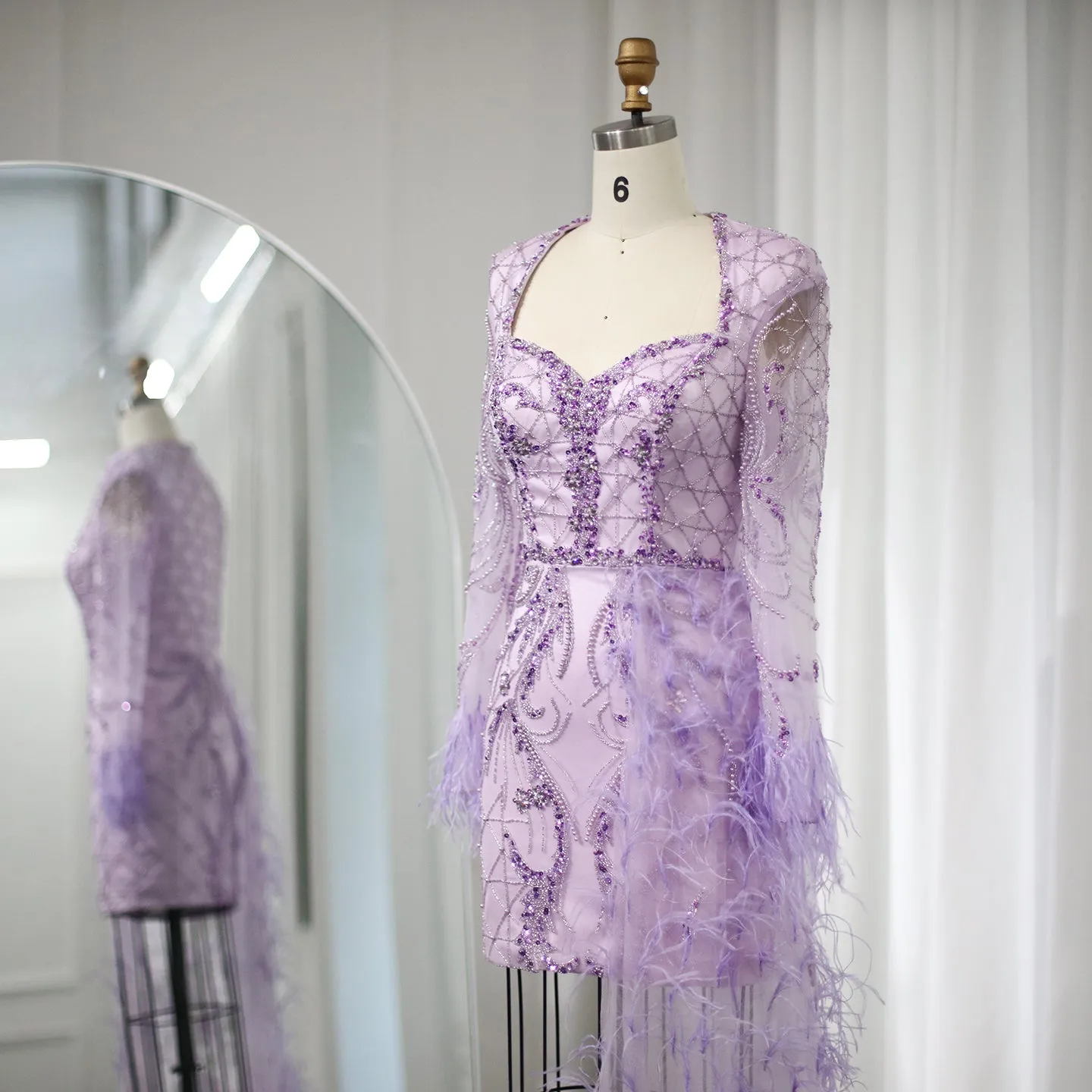 For Sale Lilac Short Evening Dresses with Feathers OverSkirt SS355