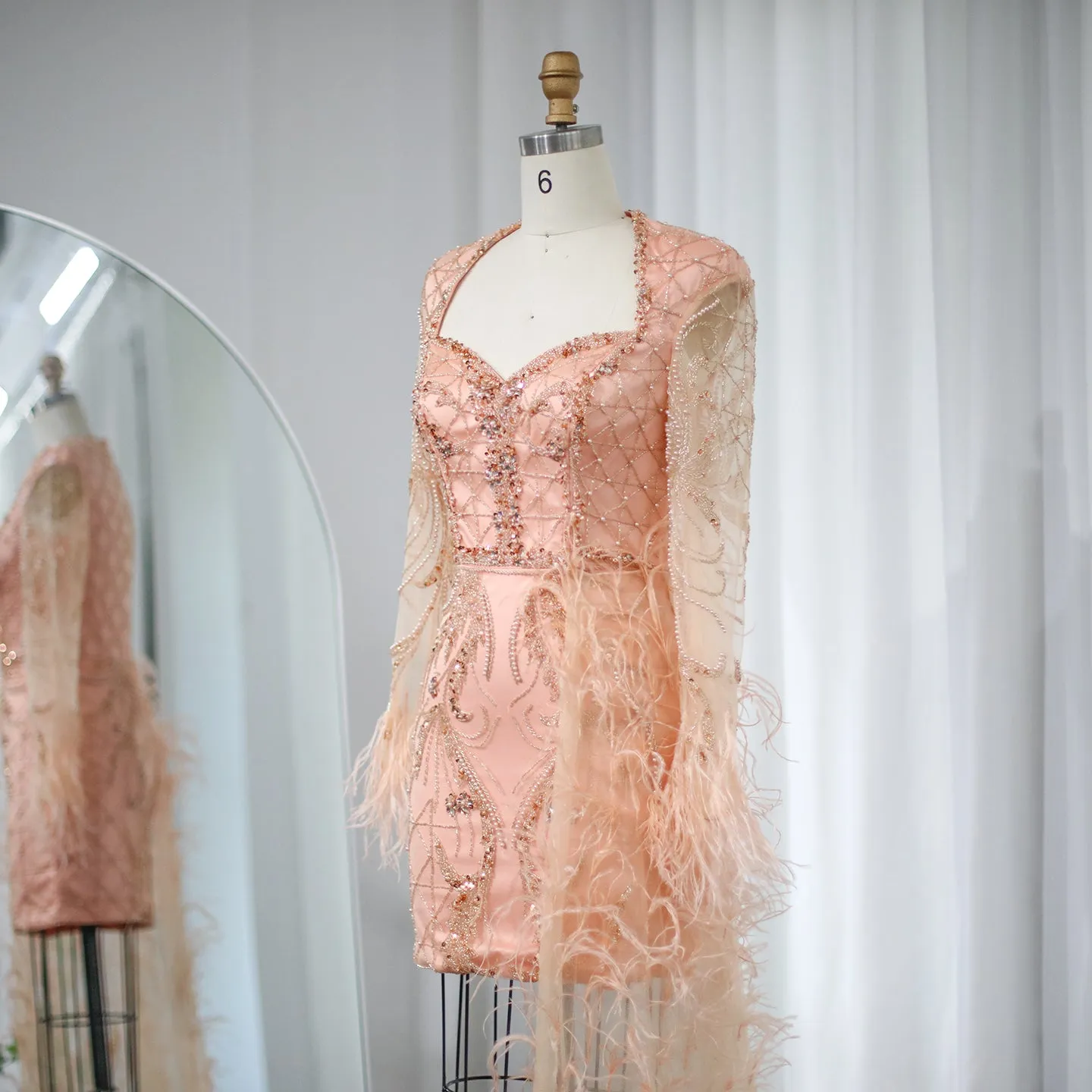 For Sale Lilac Short Evening Dresses with Feathers OverSkirt SS355