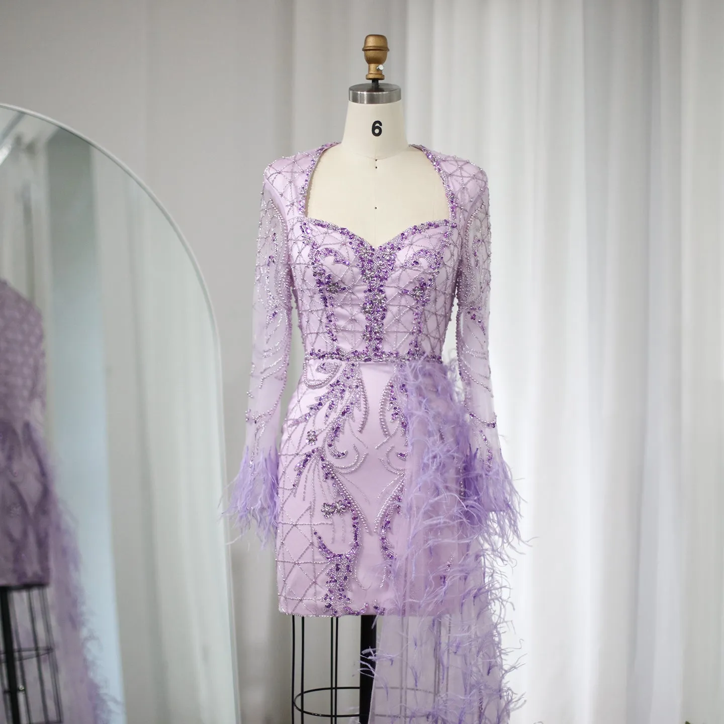 For Sale Lilac Short Evening Dresses with Feathers OverSkirt SS355