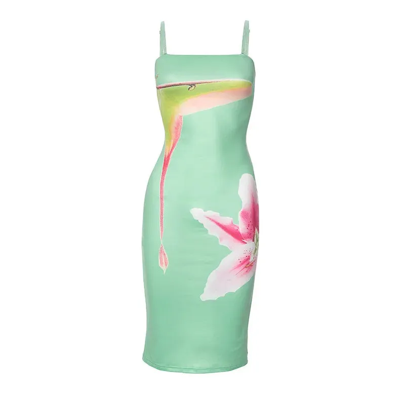 Green Floral Print Charming Tube Midi Dress