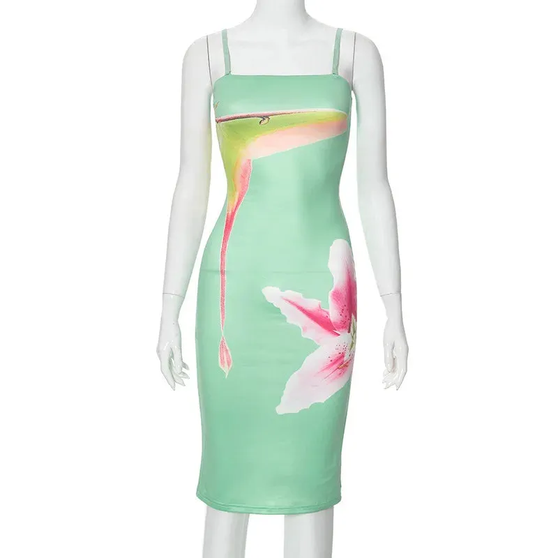 Green Floral Print Charming Tube Midi Dress