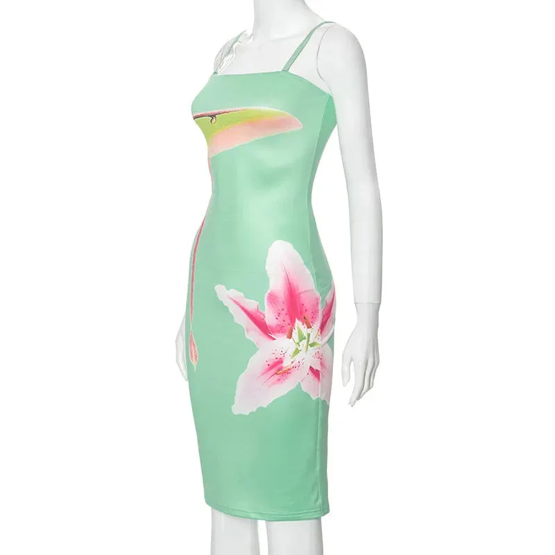 Green Floral Print Charming Tube Midi Dress
