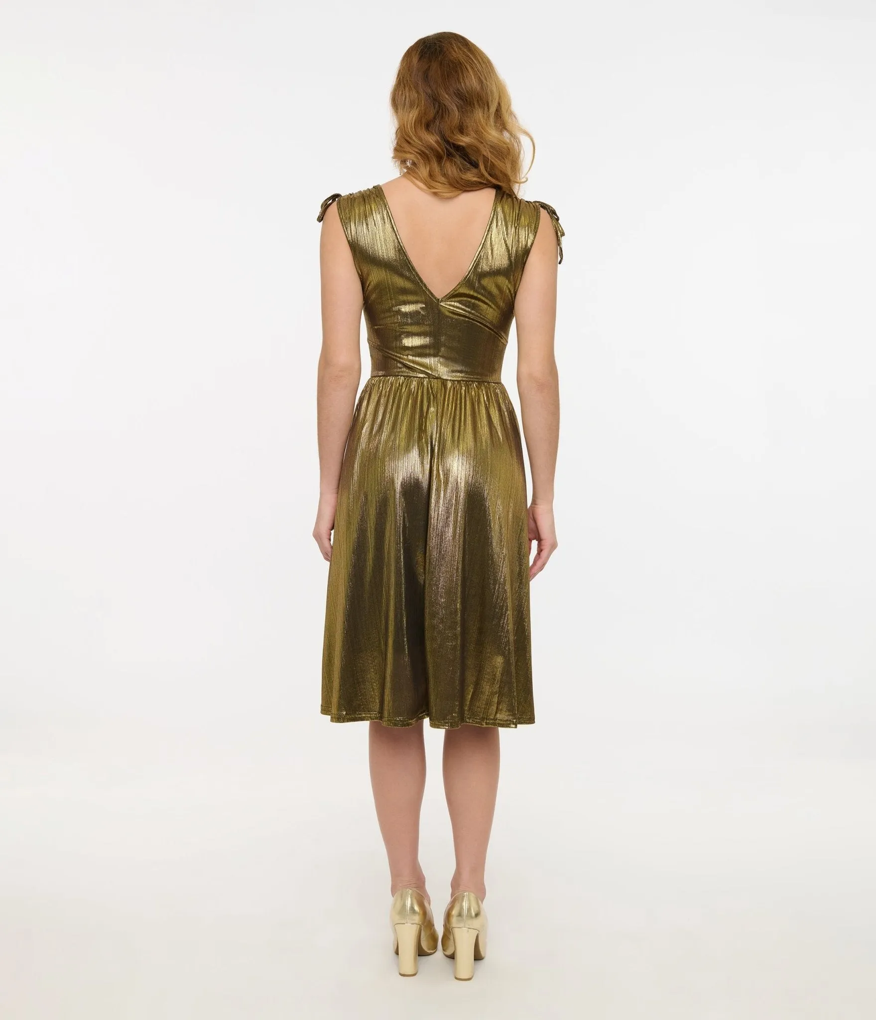 Hell Bunny 1970s Gold Metallic Gigi Midi Dress