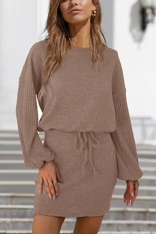 Knit O Neck Drawstring Long Sleeve Mini Dress
