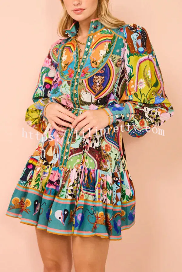 Lilipretty Touch of Luxury Unique Print Balloon Sleeve Button Shirt Mini Dress
