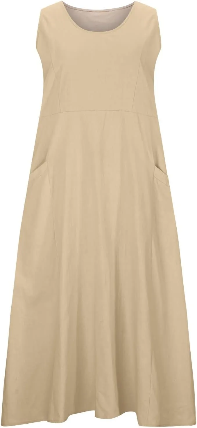 Linen Dress Women for 2025 Sleeveless Round Neck Casual Dress Loose Sun Dresses Beach Vacation Maxi Dress with Pocket