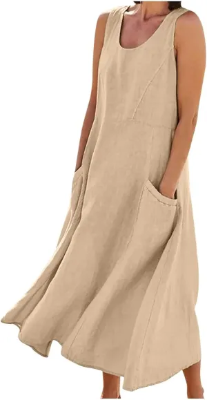 Linen Dress Women for 2025 Sleeveless Round Neck Casual Dress Loose Sun Dresses Beach Vacation Maxi Dress with Pocket