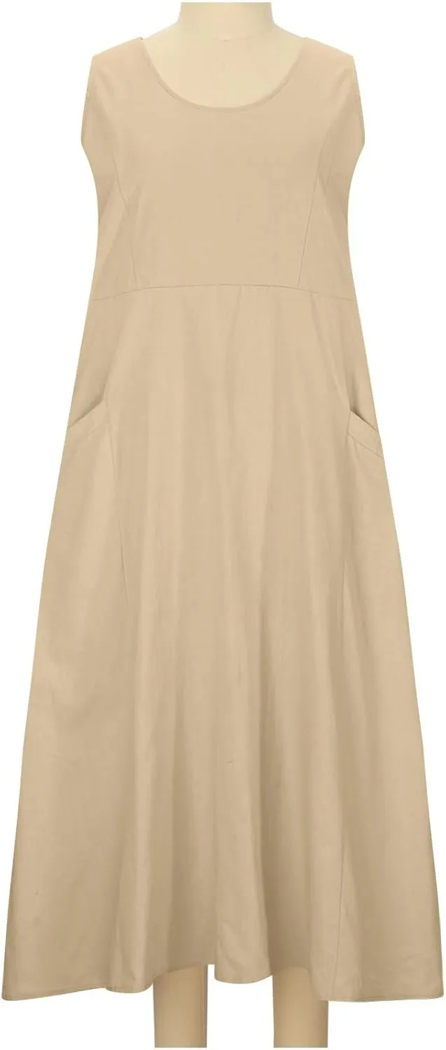 Linen Dress Women for 2025 Sleeveless Round Neck Casual Dress Loose Sun Dresses Beach Vacation Maxi Dress with Pocket