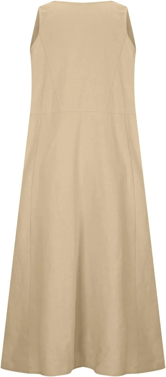 Linen Dress Women for 2025 Sleeveless Round Neck Casual Dress Loose Sun Dresses Beach Vacation Maxi Dress with Pocket