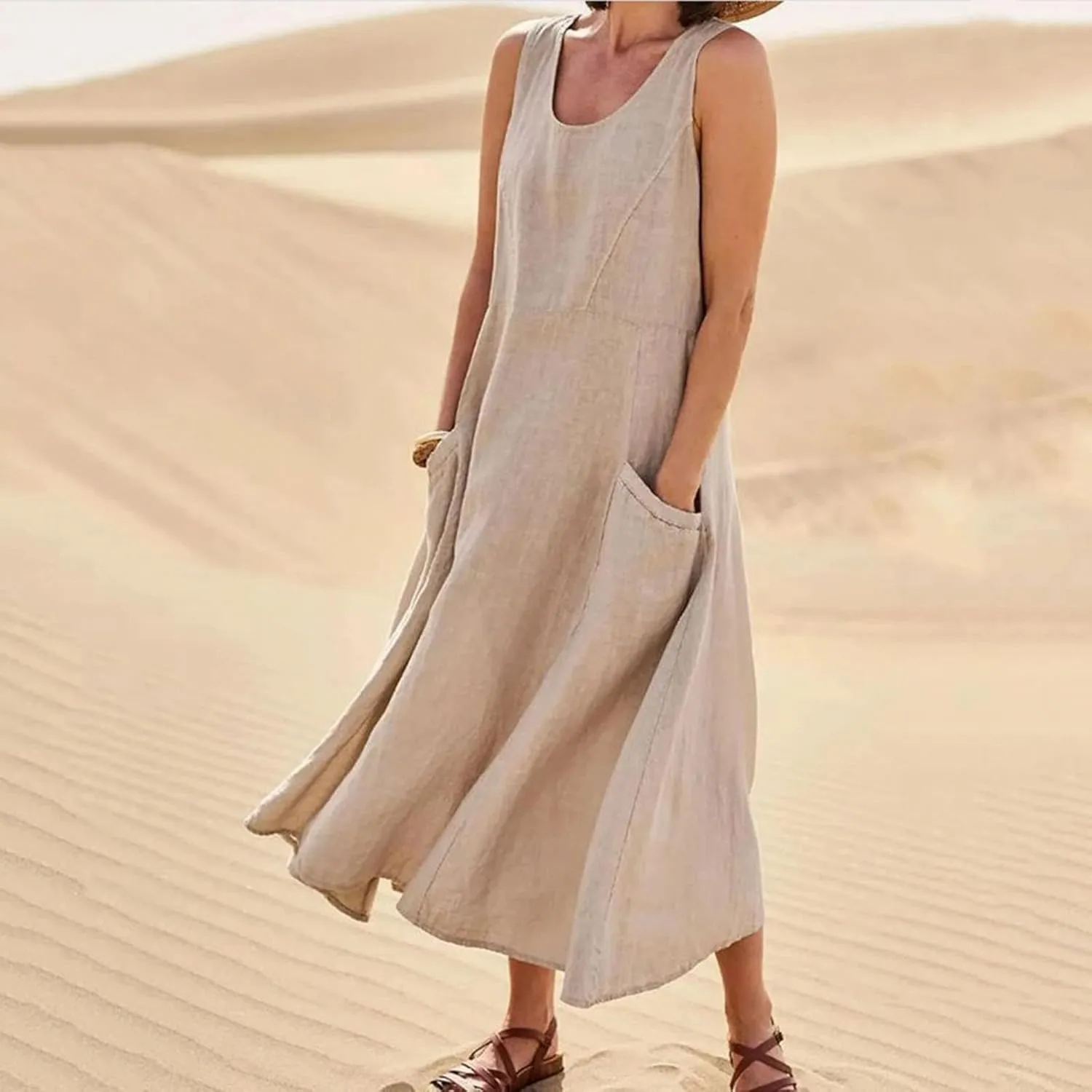 Linen Dress Women for 2025 Sleeveless Round Neck Casual Dress Loose Sun Dresses Beach Vacation Maxi Dress with Pocket