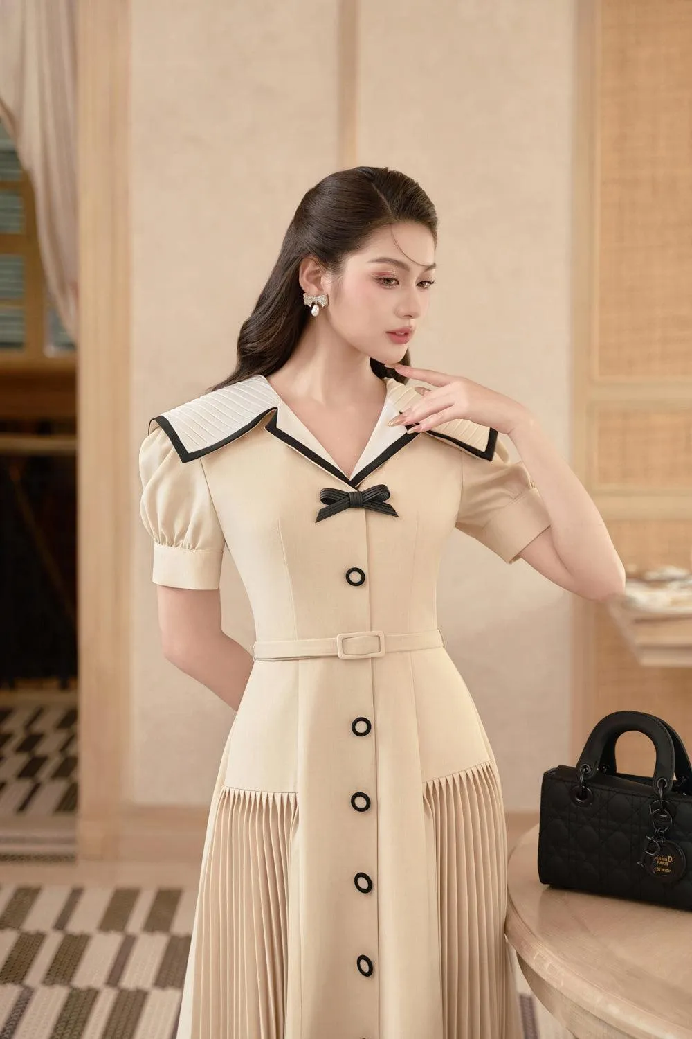 Lisa A-line Puffy Sleeved Linen Cotton Midi Dress