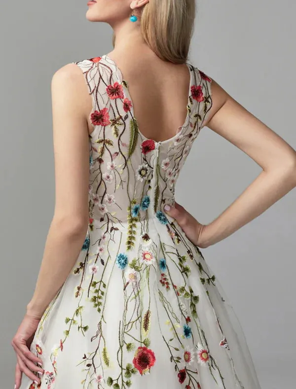 Luolandi A-Line Prom Dresses Floral Dress Party Wear Wedding Guest Tea Length Sleeveless V Neck Lace with Embroidery Appliques Beautiful