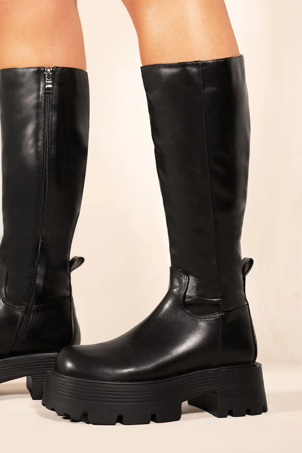 MARIKA CHUNKY PLATFORM CALF HIGH BOOTS WITH SIDE ZIP IN BLACK FAUX LEATHER