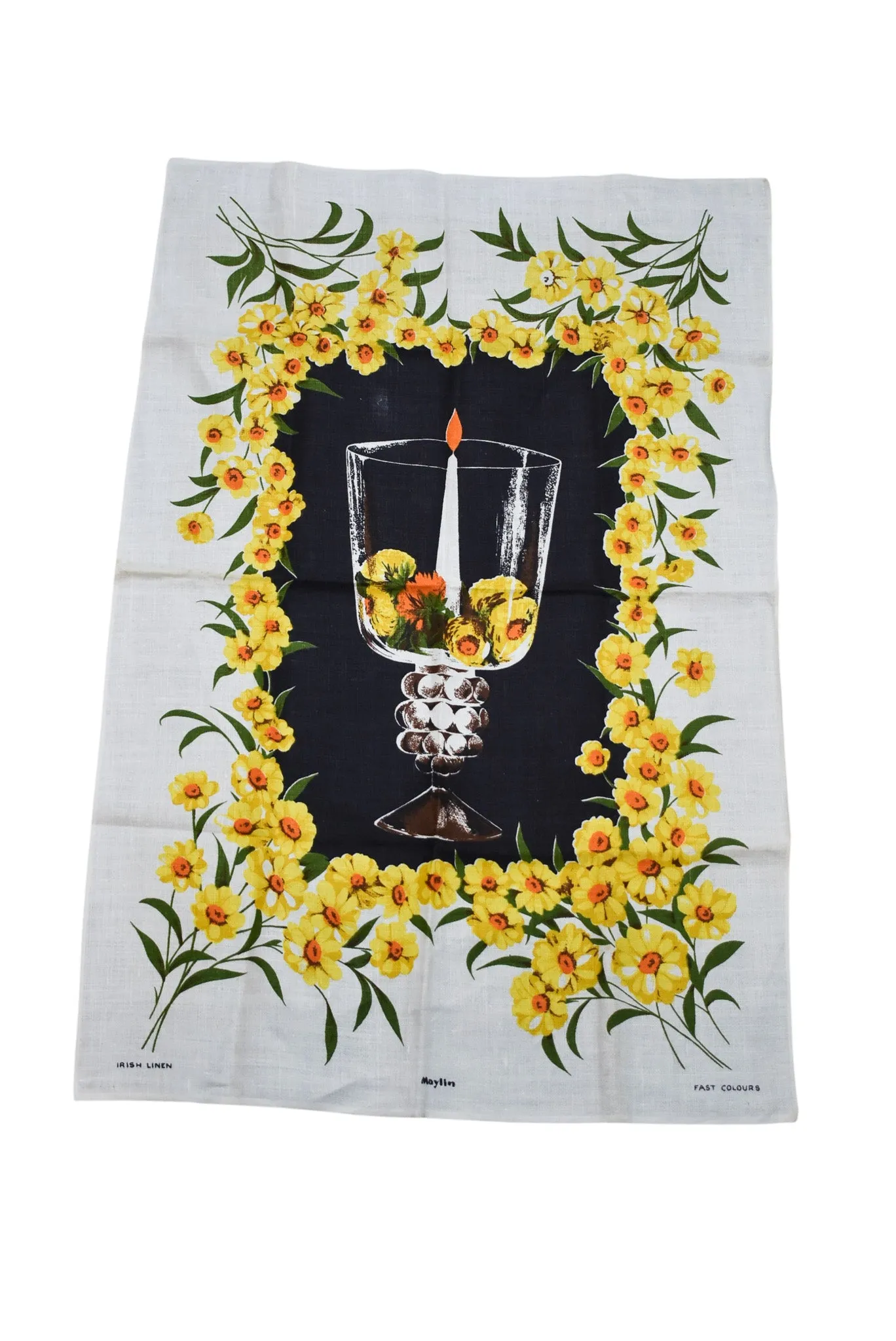 Maylin Irish linen yellow floral centerpiece tea towel