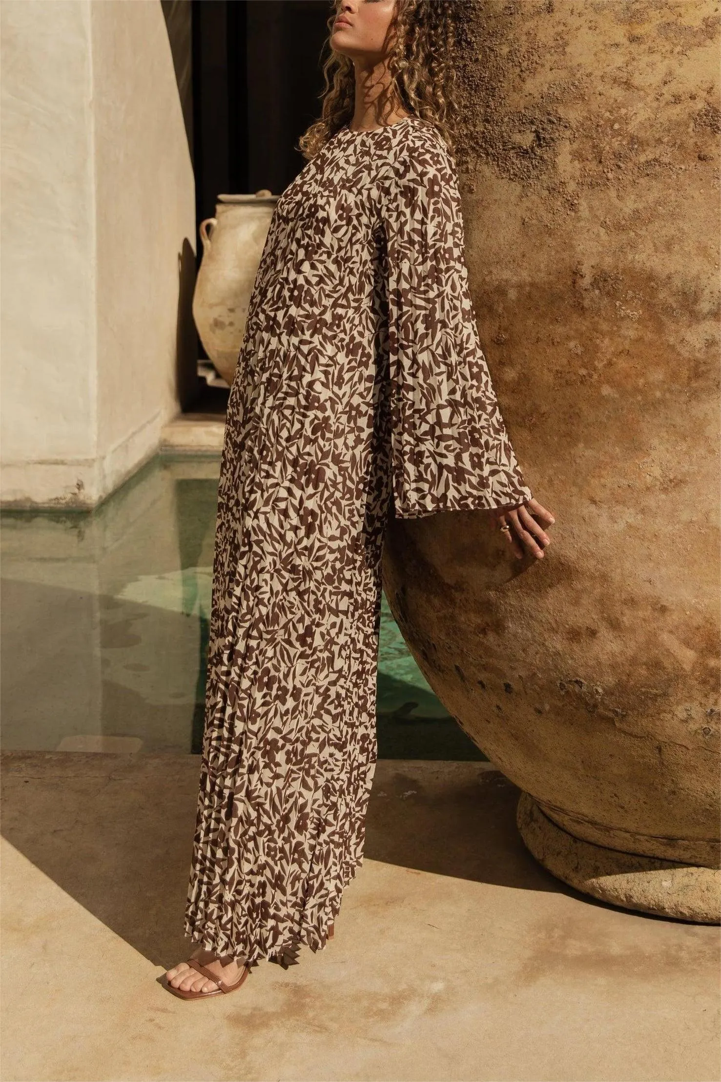 Pleated Printed Shift Maxi Dress