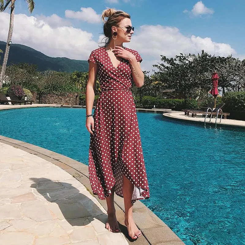 Polka Dot Dress Summer Dress Women Beach Dresses Bohemian V Neck