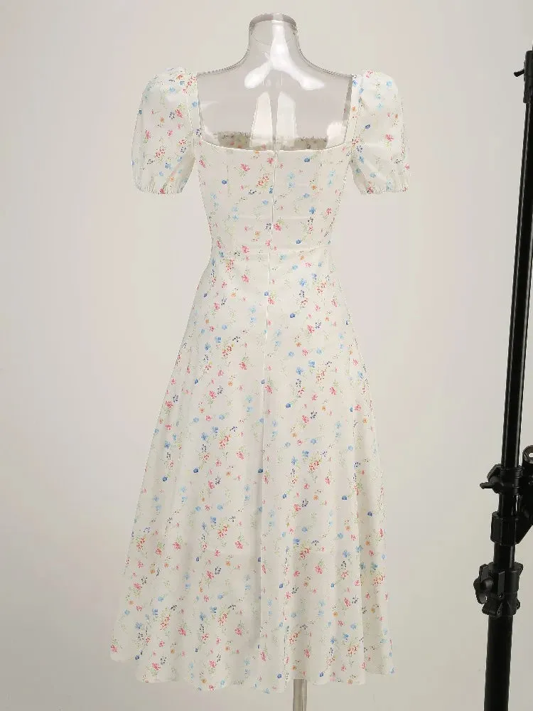 Puff Sleeves Floral Charming Printed Midi Dress