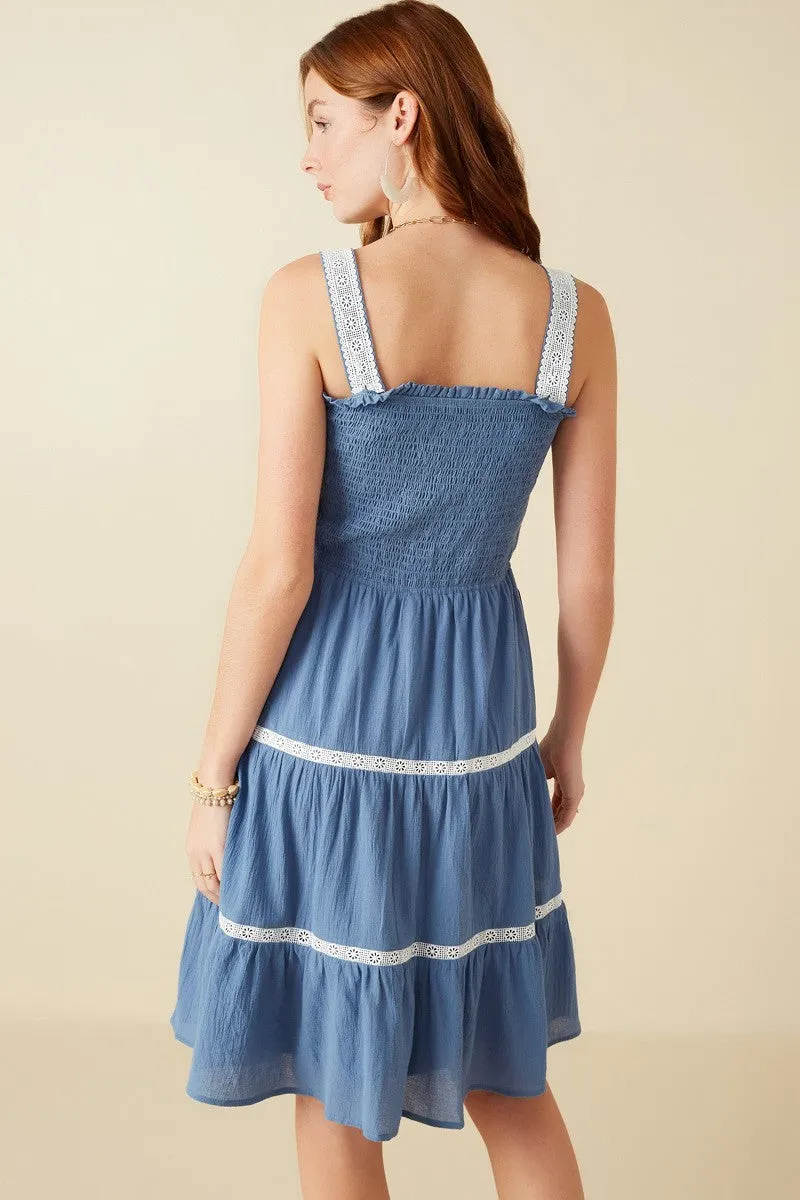 Rachel Smocked Lace Dress Denim Blue