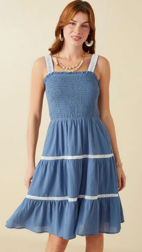 Rachel Smocked Lace Dress Denim Blue