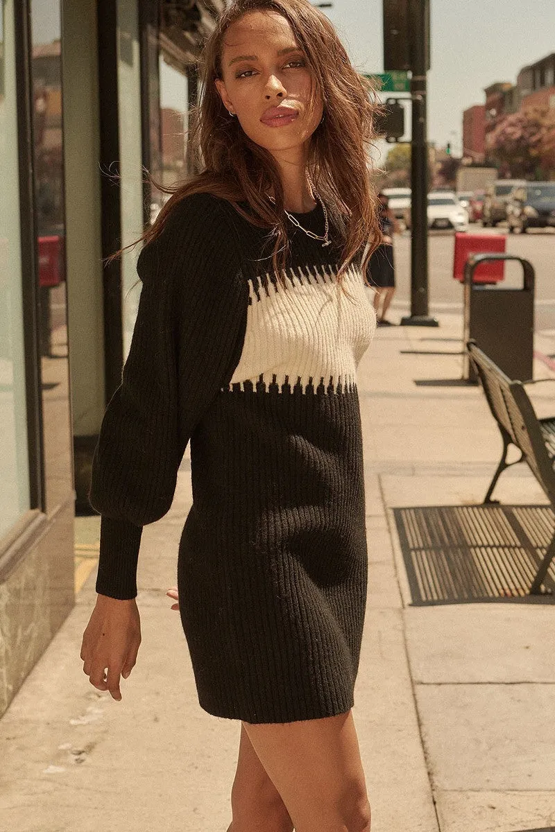 Ribbed Knit  Sweater Bishop Sleeve Mini Dress