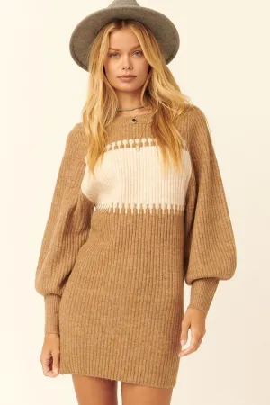 Ribbed Knit  Sweater Bishop Sleeve Mini Dress
