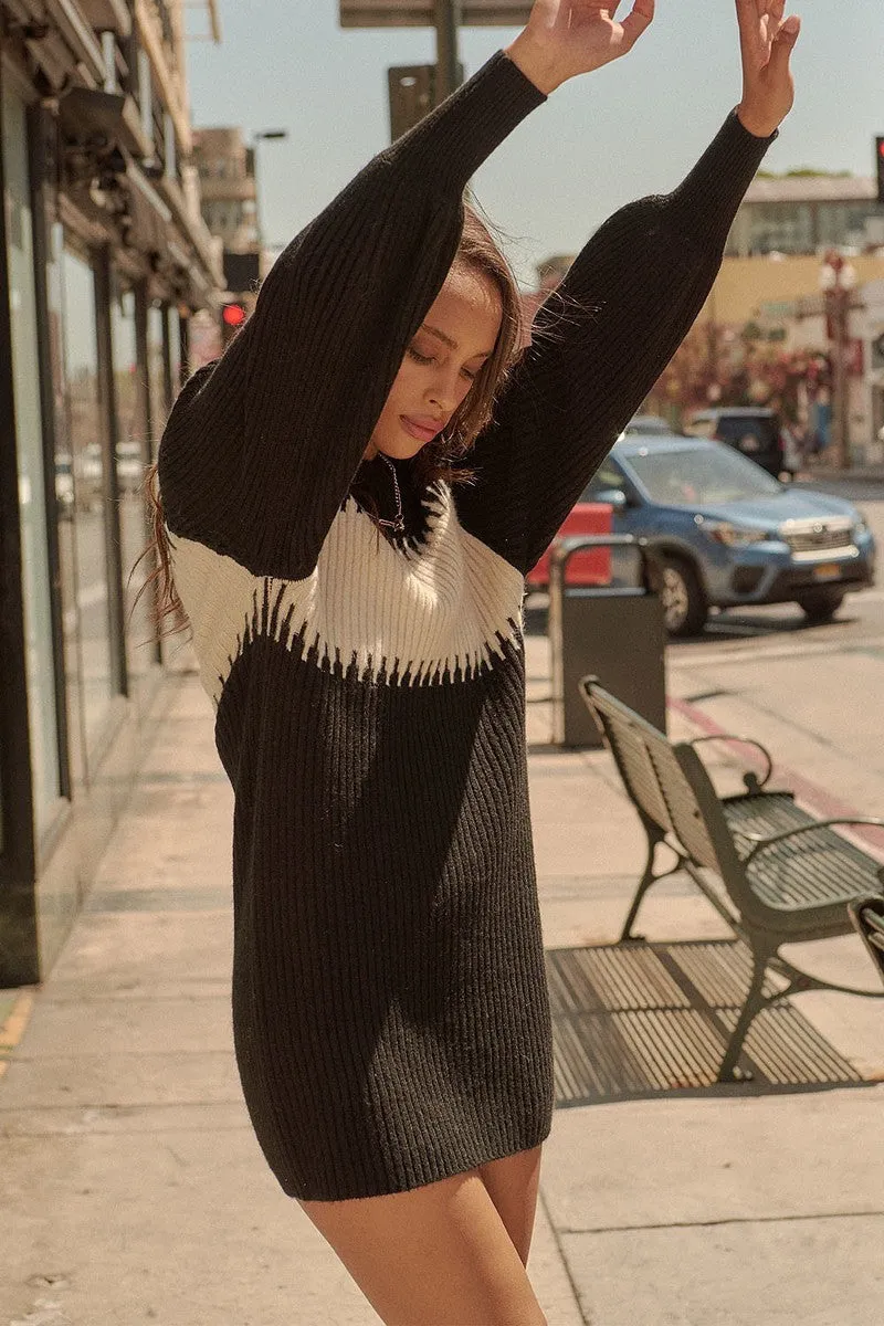 Ribbed Knit  Sweater Bishop Sleeve Mini Dress