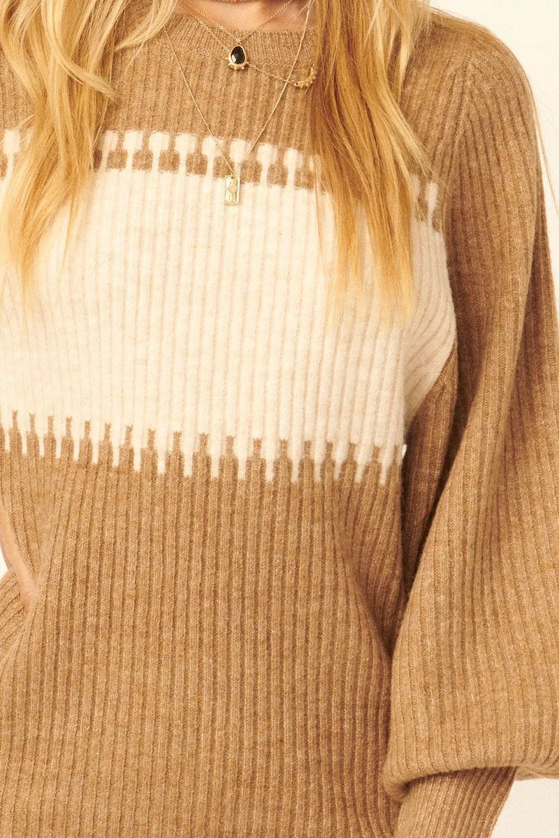 Ribbed Knit  Sweater Bishop Sleeve Mini Dress