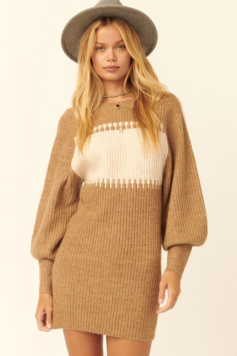 Ribbed Knit  Sweater Bishop Sleeve Mini Dress