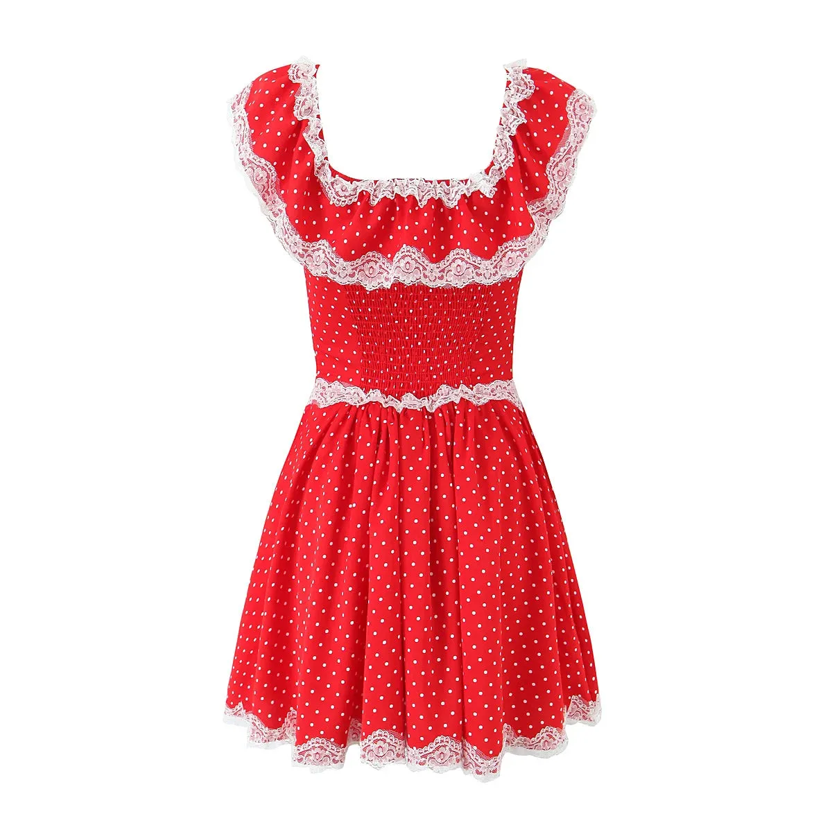 Ruffles Off-shoulder Button Polka Dot Mini Dress