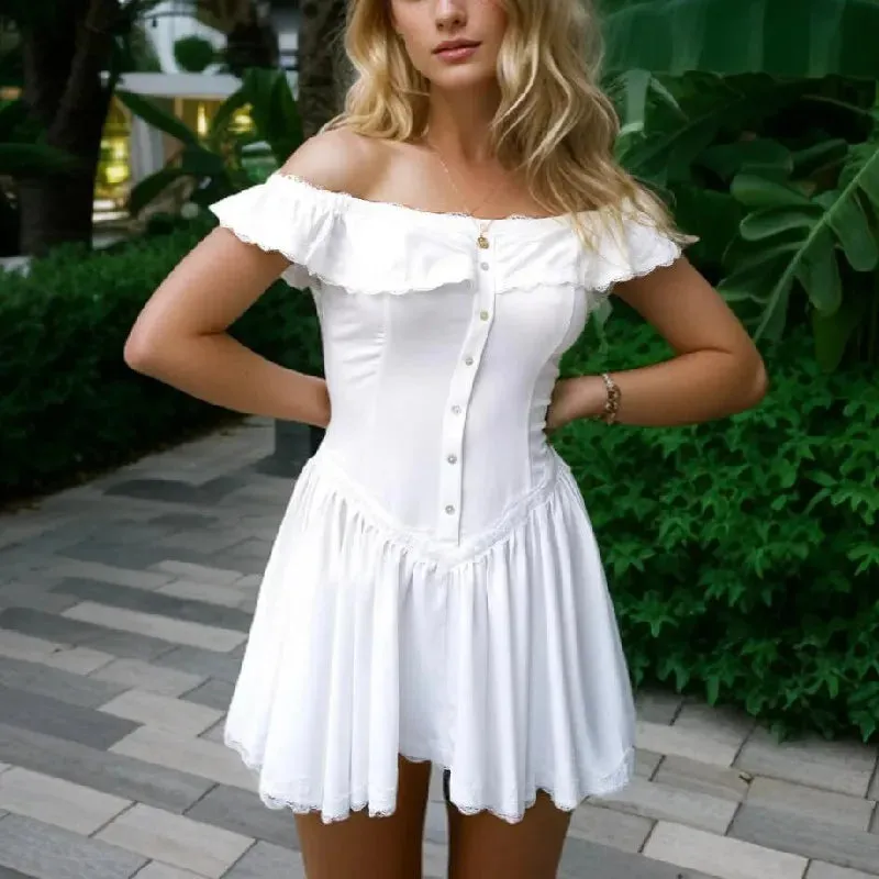 Ruffles Off-shoulder Button Polka Dot Mini Dress
