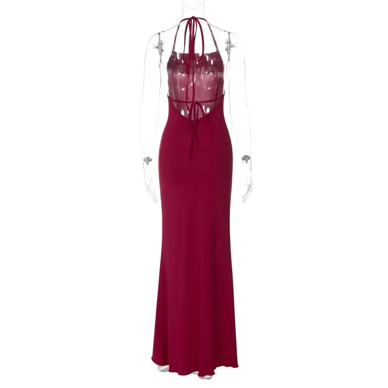 Satin Mesh Patchwork Charming Tie Up Midi Dress