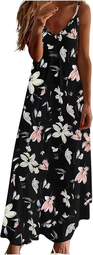 Sexy Dresses for Women Floral Print Spaghetti Strap Boho Dress Summer Elegant V Neck Ruffle Maxi Dress Party Evening