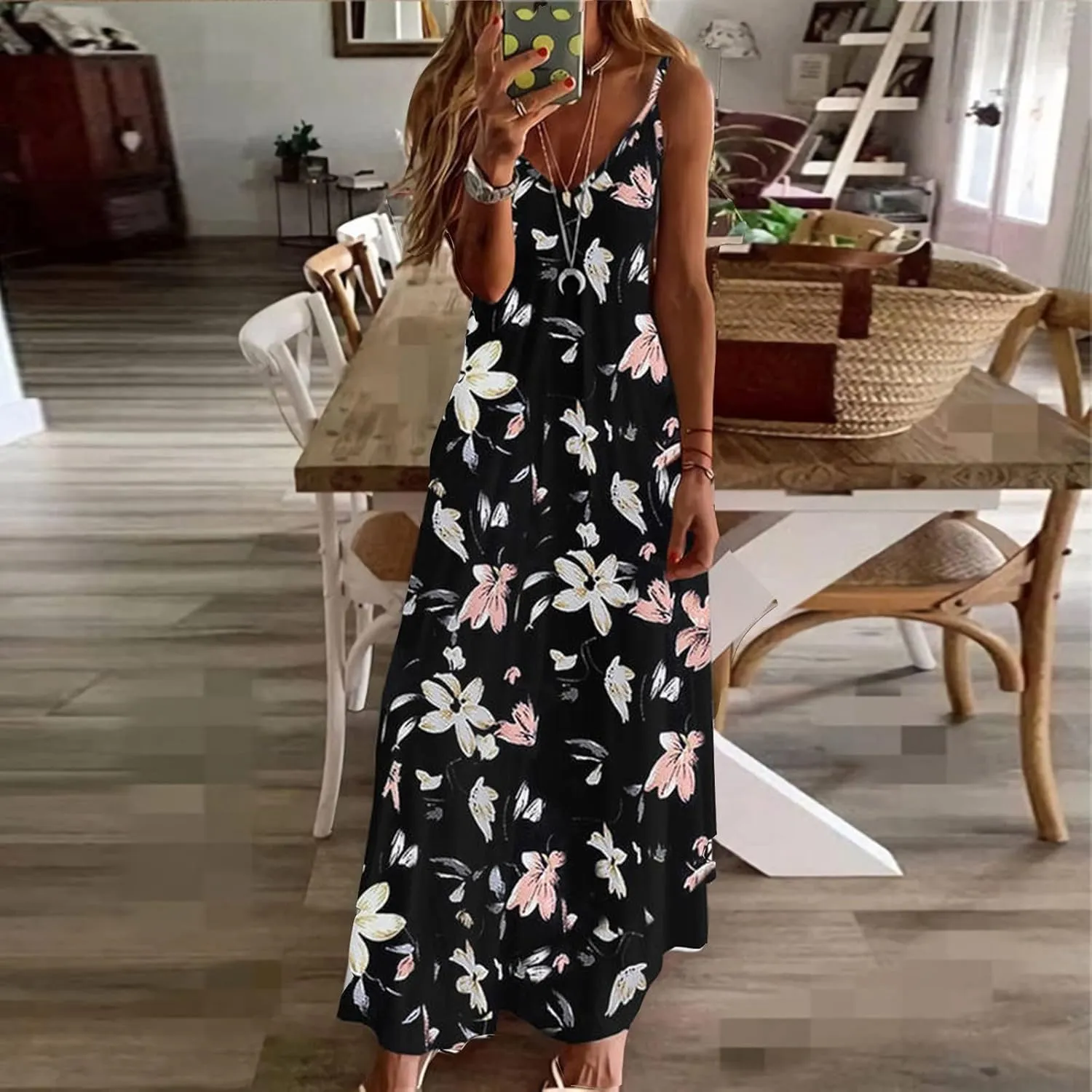 Sexy Dresses for Women Floral Print Spaghetti Strap Boho Dress Summer Elegant V Neck Ruffle Maxi Dress Party Evening