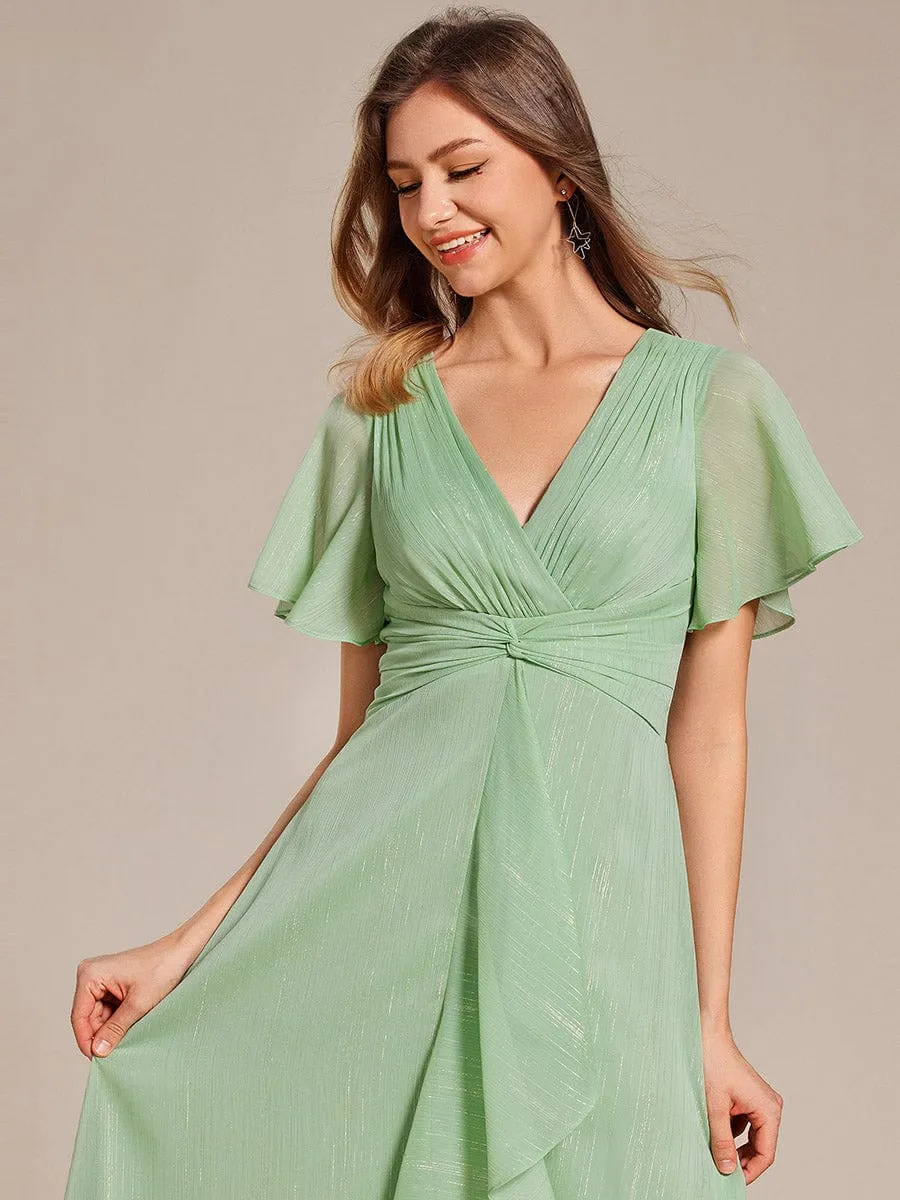 Silver Metallic Fabric V-Neck A-Line Wedding Guest Dress Featuring Delicate Ruffled Hem