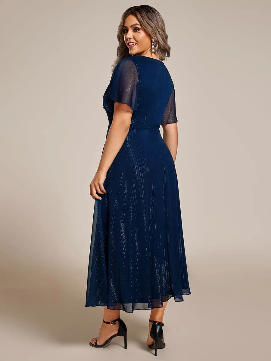 Silver Metallic Fabric V-Neck A-Line Wedding Guest Dress Featuring Delicate Ruffled Hem