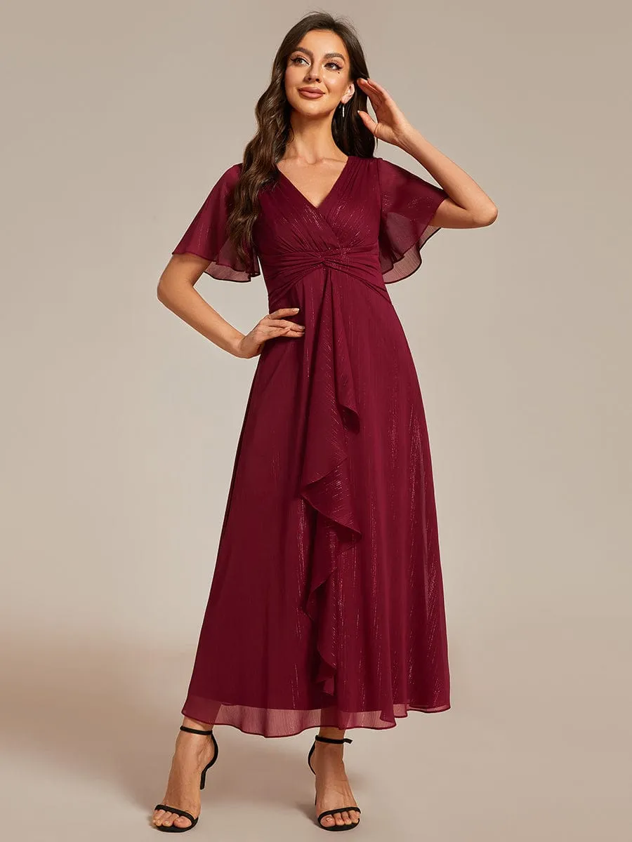 Silver Metallic Fabric V-Neck A-Line Wedding Guest Dress Featuring Delicate Ruffled Hem
