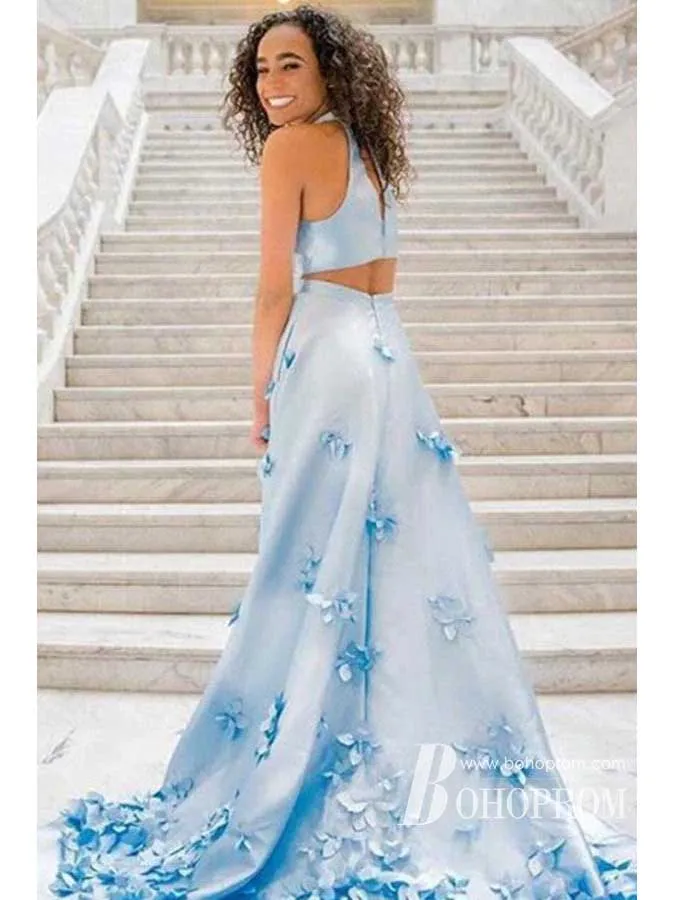 Stunning Halter 3D Appliques A-line Prom Dresses Satin Evening Gowns PD781
