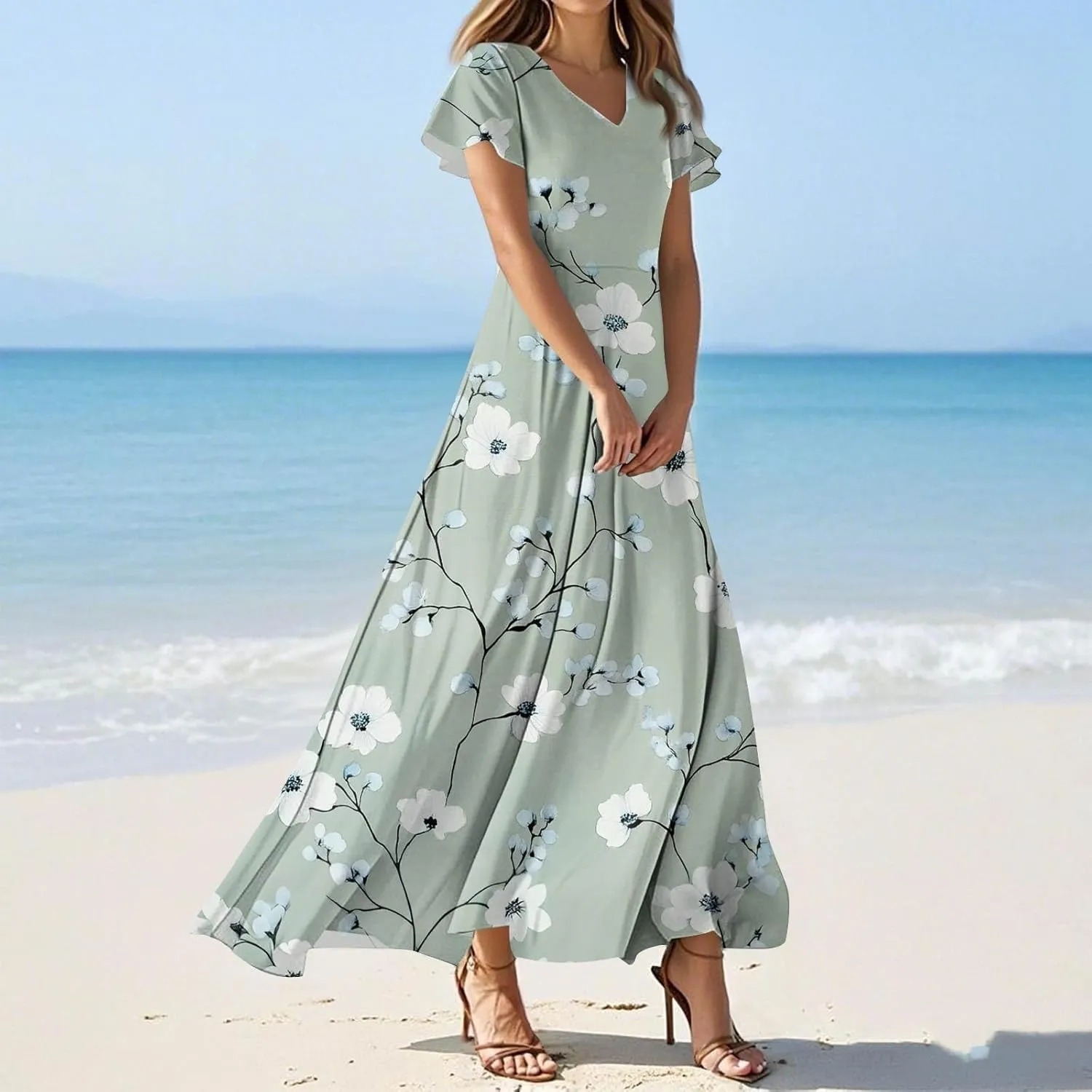 Summer Dresses for Women Casual Trendy Short Sleeve V-Neck Floral Print Flowy Boho Maxi Vacation Dress, XS-2XL