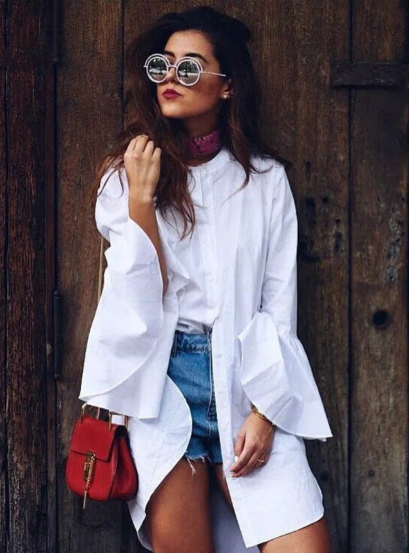 TastyHottie - White Flare Sleeve Shirt Dress Summer Fashion O Neck Straight