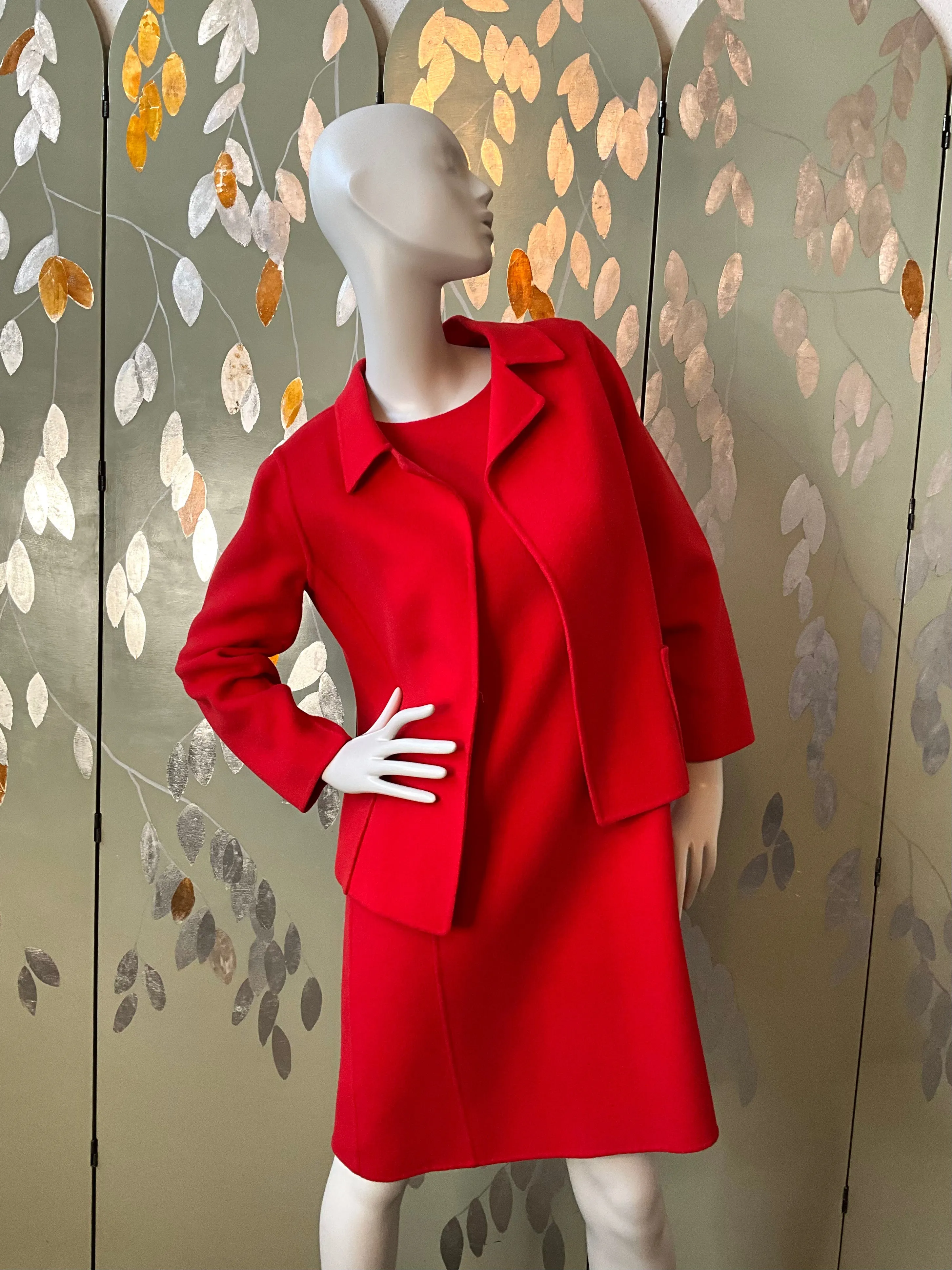 Vintage 1990s Linda Allard Ellen Tracy Red Wool Shift Dress and Jacket, Medium