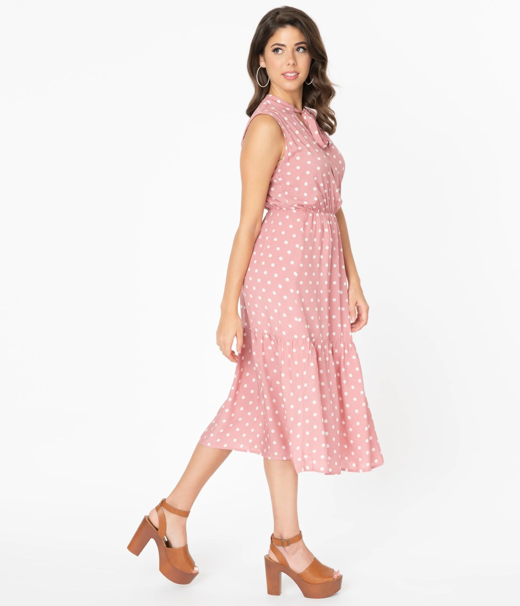 Vintage Style Dusty Pink & Ivory Polka Dot Midi Dress
