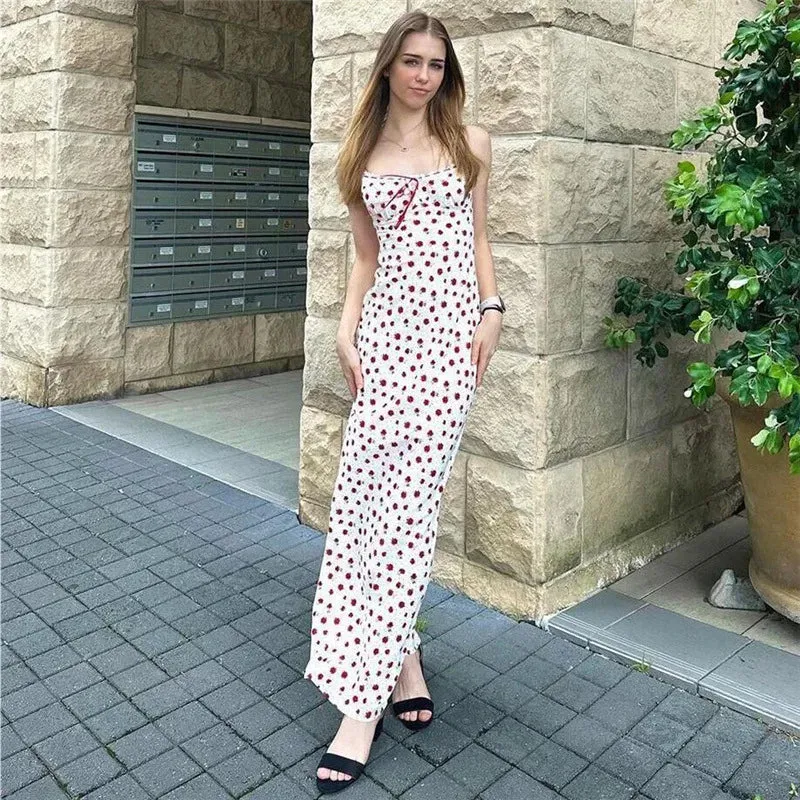 White Floral Print Charming Strap Midi Dress